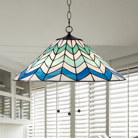 16"/19.5" W Tiffany-Style Cone Pendant Light Fixture Single Head Stained Art Glass Down Lighting in Blue Clearhalo 'Ceiling Lights' 'Industrial' 'Middle Century Pendants' 'Pendant Lights' 'Pendants' 'Tiffany close to ceiling' 'Tiffany Pendants' 'Tiffany' Lighting' 235097