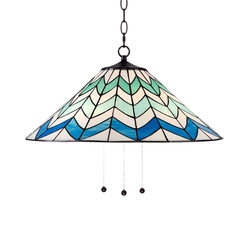 16"/19.5" W Tiffany-Style Cone Pendant Light Fixture Single Head Stained Art Glass Down Lighting in Blue Clearhalo 'Ceiling Lights' 'Industrial' 'Middle Century Pendants' 'Pendant Lights' 'Pendants' 'Tiffany close to ceiling' 'Tiffany Pendants' 'Tiffany' Lighting' 235098
