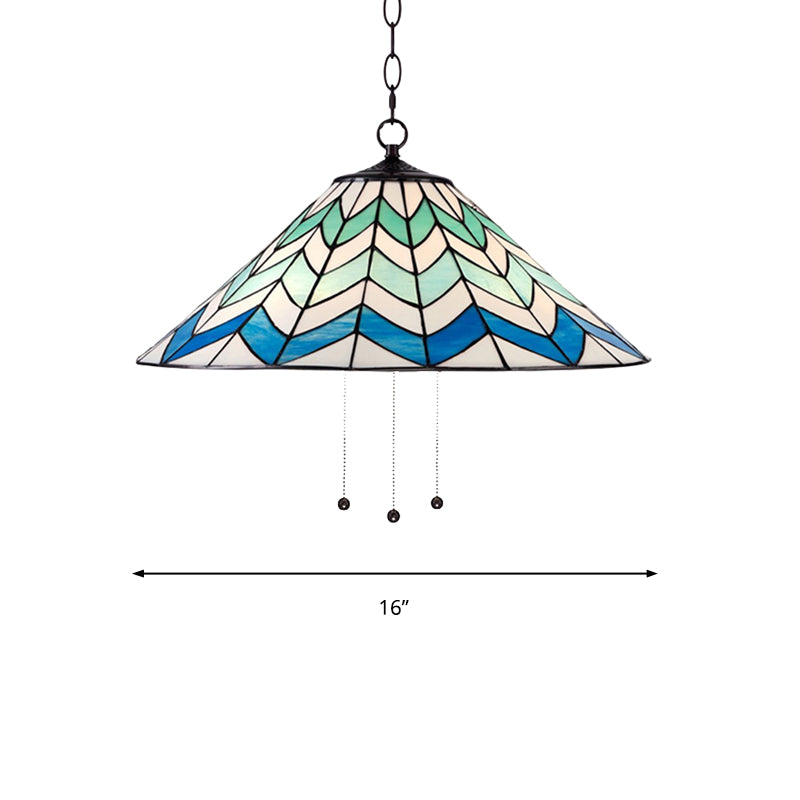 16"/19.5" W Tiffany-Style Cone Pendant Light Fixture Single Head Stained Art Glass Down Lighting in Blue Clearhalo 'Ceiling Lights' 'Industrial' 'Middle Century Pendants' 'Pendant Lights' 'Pendants' 'Tiffany close to ceiling' 'Tiffany Pendants' 'Tiffany' Lighting' 235099