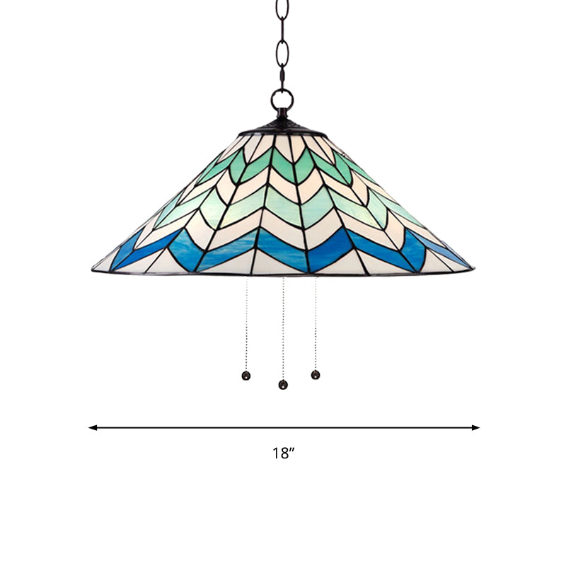 16"/19.5" W Tiffany-Style Cone Pendant Light Fixture Single Head Stained Art Glass Down Lighting in Blue Clearhalo 'Ceiling Lights' 'Industrial' 'Middle Century Pendants' 'Pendant Lights' 'Pendants' 'Tiffany close to ceiling' 'Tiffany Pendants' 'Tiffany' Lighting' 235100