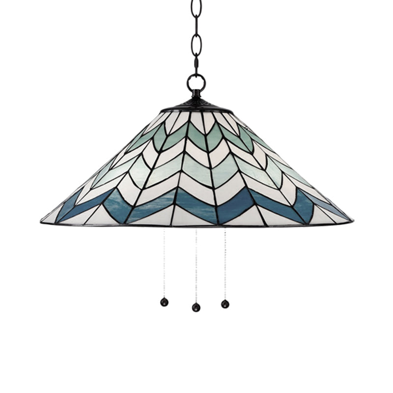16"/19.5" W Tiffany-Style Cone Pendant Light Fixture Single Head Stained Art Glass Down Lighting in Blue Clearhalo 'Ceiling Lights' 'Industrial' 'Middle Century Pendants' 'Pendant Lights' 'Pendants' 'Tiffany close to ceiling' 'Tiffany Pendants' 'Tiffany' Lighting' 235101