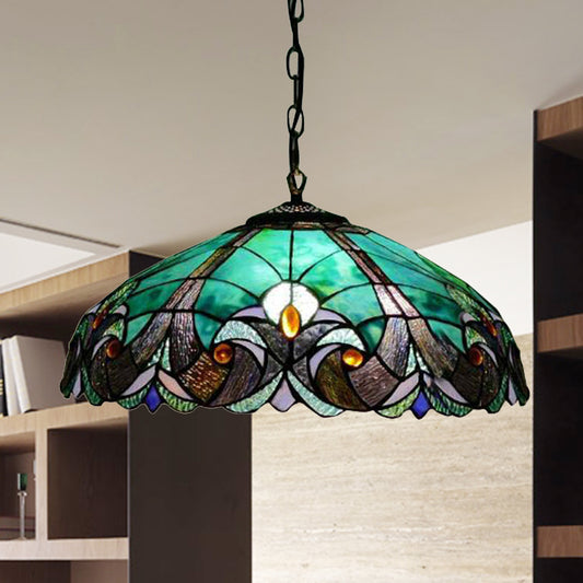 Tiffany Flared Ceiling Lamp 4 Heads Yellow/Blue Stained Art Glass Hanging Light Kit for Bedroom Blue Clearhalo 'Ceiling Lights' 'Industrial' 'Middle Century Pendants' 'Pendant Lights' 'Pendants' 'Tiffany close to ceiling' 'Tiffany Pendants' 'Tiffany' Lighting' 235102