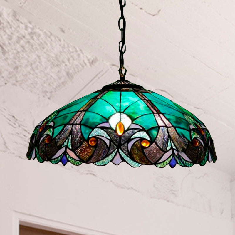 Tiffany Flared Ceiling Lamp 4 Heads Yellow/Blue Stained Art Glass Hanging Light Kit for Bedroom Clearhalo 'Ceiling Lights' 'Industrial' 'Middle Century Pendants' 'Pendant Lights' 'Pendants' 'Tiffany close to ceiling' 'Tiffany Pendants' 'Tiffany' Lighting' 235103