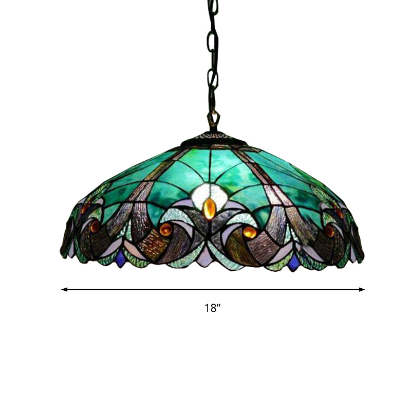 Tiffany Flared Ceiling Lamp 4 Heads Yellow/Blue Stained Art Glass Hanging Light Kit for Bedroom Clearhalo 'Ceiling Lights' 'Industrial' 'Middle Century Pendants' 'Pendant Lights' 'Pendants' 'Tiffany close to ceiling' 'Tiffany Pendants' 'Tiffany' Lighting' 235105