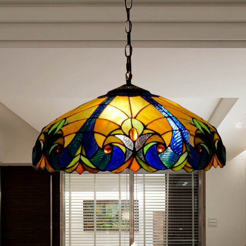 Tiffany Flared Ceiling Lamp 4 Heads Yellow/Blue Stained Art Glass Hanging Light Kit for Bedroom Clearhalo 'Ceiling Lights' 'Industrial' 'Middle Century Pendants' 'Pendant Lights' 'Pendants' 'Tiffany close to ceiling' 'Tiffany Pendants' 'Tiffany' Lighting' 235107