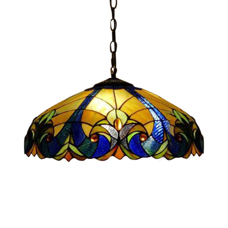 Tiffany Flared Ceiling Lamp 4 Heads Yellow/Blue Stained Art Glass Hanging Light Kit for Bedroom Clearhalo 'Ceiling Lights' 'Industrial' 'Middle Century Pendants' 'Pendant Lights' 'Pendants' 'Tiffany close to ceiling' 'Tiffany Pendants' 'Tiffany' Lighting' 235108