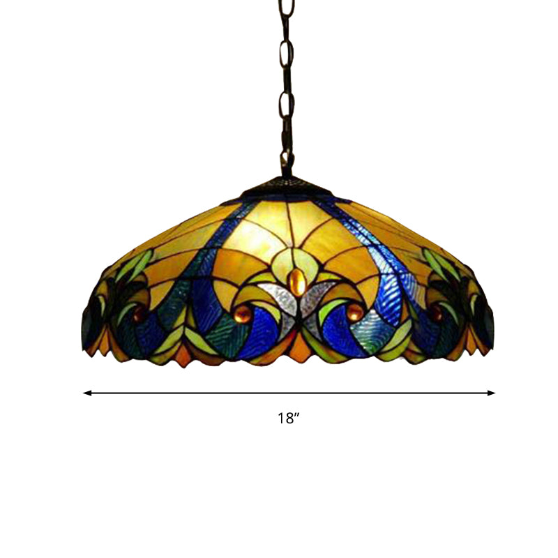 Tiffany Flared Ceiling Lamp 4 Heads Yellow/Blue Stained Art Glass Hanging Light Kit for Bedroom Clearhalo 'Ceiling Lights' 'Industrial' 'Middle Century Pendants' 'Pendant Lights' 'Pendants' 'Tiffany close to ceiling' 'Tiffany Pendants' 'Tiffany' Lighting' 235109
