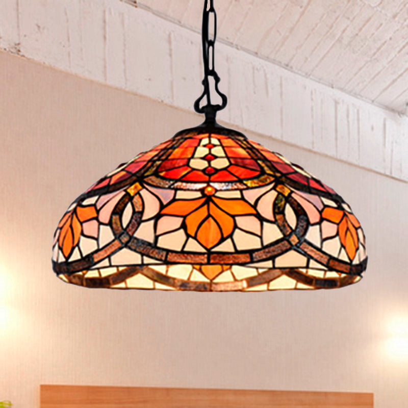 Stained Glass Dome Hanging Lamp Tiffany Antique Pendant Light in Black Finish for Dining Room Orange 16" Clearhalo 'Ceiling Lights' 'Industrial' 'Middle Century Pendants' 'Pendant Lights' 'Pendants' 'Tiffany close to ceiling' 'Tiffany Pendants' 'Tiffany' Lighting' 235110