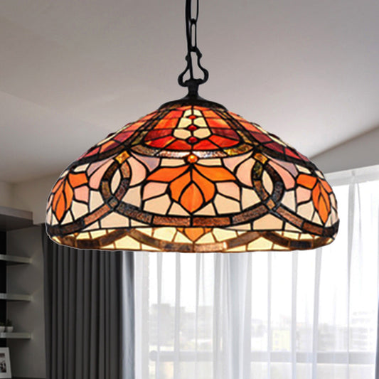 Stained Glass Dome Hanging Lamp Tiffany Antique Pendant Light in Black Finish for Dining Room Orange 12" Clearhalo 'Ceiling Lights' 'Industrial' 'Middle Century Pendants' 'Pendant Lights' 'Pendants' 'Tiffany close to ceiling' 'Tiffany Pendants' 'Tiffany' Lighting' 235111