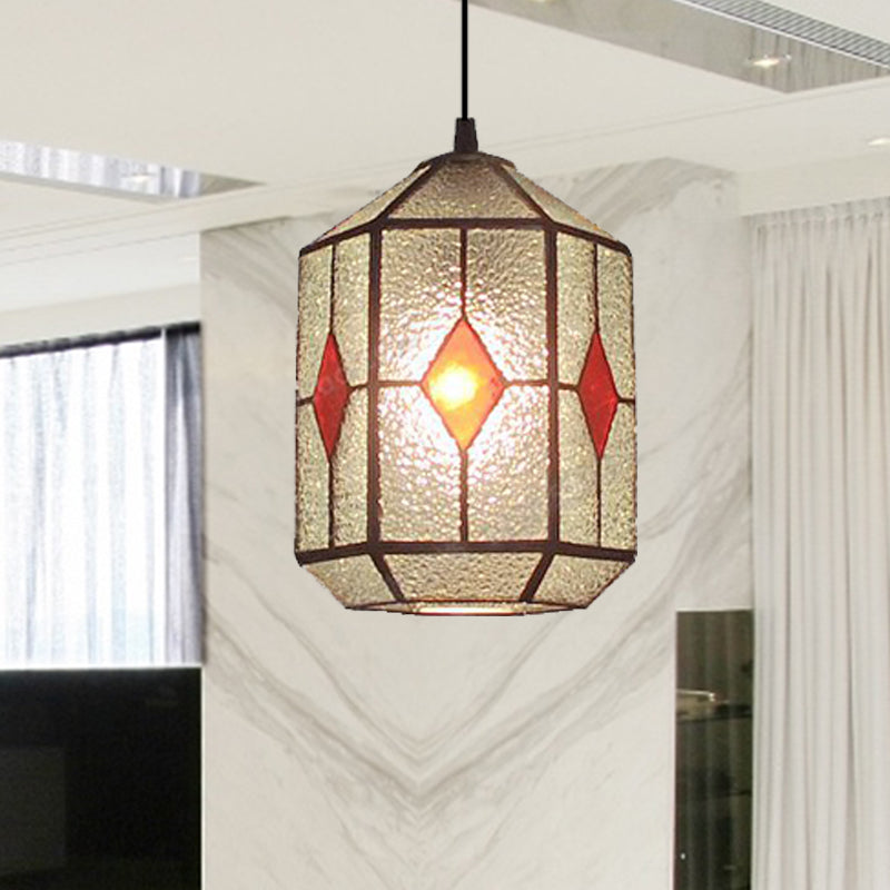 Cylinder Stainless Glass Hanging Light Tiffany Style 1 Light Red/Green Down Lighting with Rhombus/Leaf Pattern Clearhalo 'Ceiling Lights' 'Industrial' 'Middle Century Pendants' 'Pendant Lights' 'Pendants' 'Tiffany close to ceiling' 'Tiffany Pendants' 'Tiffany' Lighting' 235140