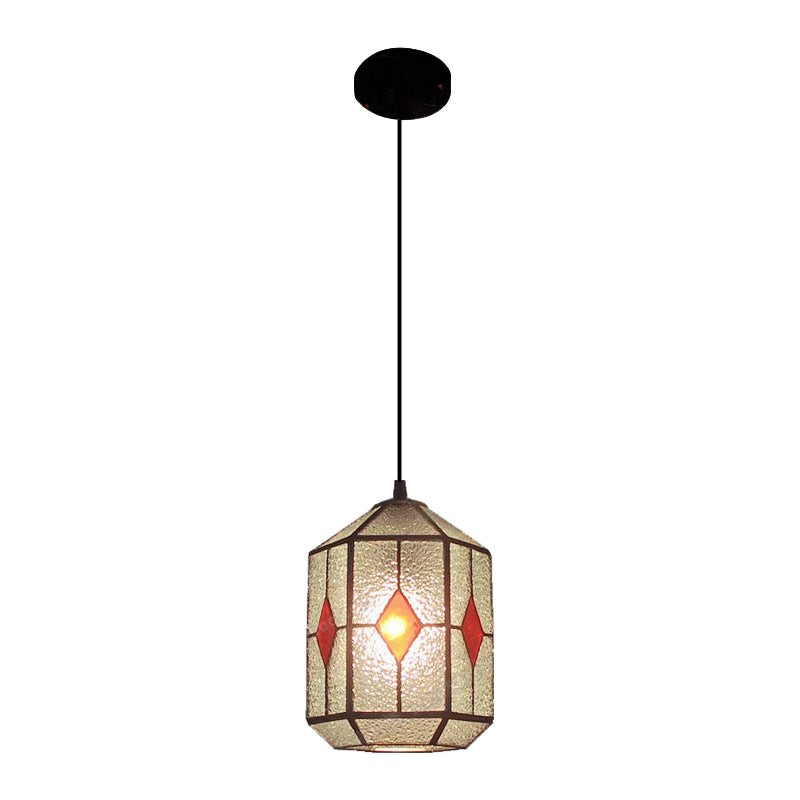 Cylinder Stainless Glass Hanging Light Tiffany Style 1 Light Red/Green Down Lighting with Rhombus/Leaf Pattern Clearhalo 'Ceiling Lights' 'Industrial' 'Middle Century Pendants' 'Pendant Lights' 'Pendants' 'Tiffany close to ceiling' 'Tiffany Pendants' 'Tiffany' Lighting' 235142