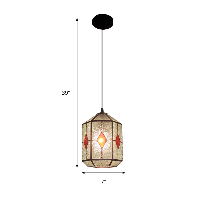 Cylinder Stainless Glass Hanging Light Tiffany Style 1 Light Red/Green Down Lighting with Rhombus/Leaf Pattern Clearhalo 'Ceiling Lights' 'Industrial' 'Middle Century Pendants' 'Pendant Lights' 'Pendants' 'Tiffany close to ceiling' 'Tiffany Pendants' 'Tiffany' Lighting' 235143