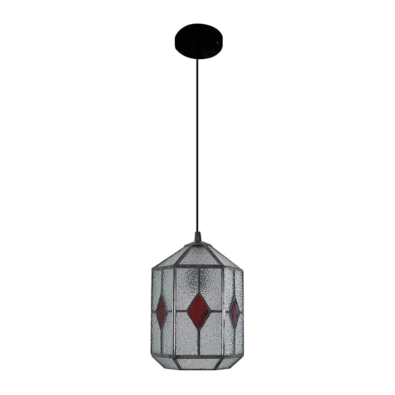 Cylinder Stainless Glass Hanging Light Tiffany Style 1 Light Red/Green Down Lighting with Rhombus/Leaf Pattern Clearhalo 'Ceiling Lights' 'Industrial' 'Middle Century Pendants' 'Pendant Lights' 'Pendants' 'Tiffany close to ceiling' 'Tiffany Pendants' 'Tiffany' Lighting' 235144