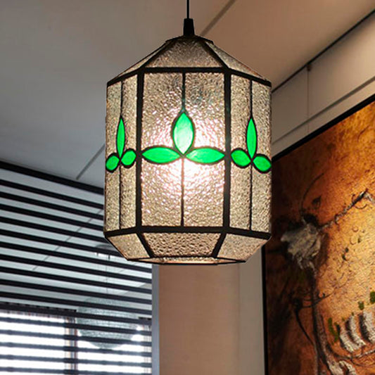Cylinder Stainless Glass Hanging Light Tiffany Style 1 Light Red/Green Down Lighting with Rhombus/Leaf Pattern Green Clearhalo 'Ceiling Lights' 'Industrial' 'Middle Century Pendants' 'Pendant Lights' 'Pendants' 'Tiffany close to ceiling' 'Tiffany Pendants' 'Tiffany' Lighting' 235145