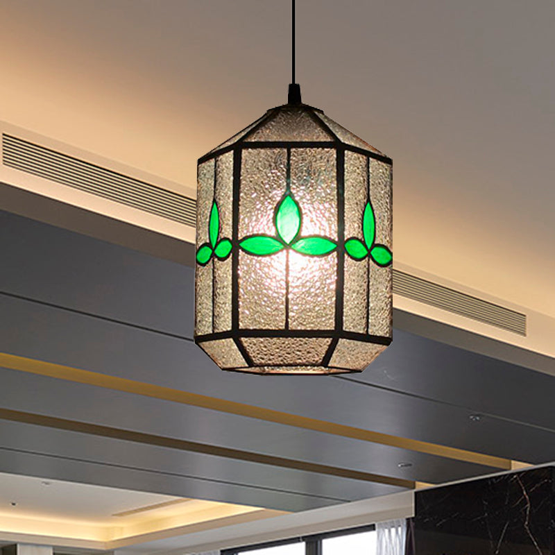 Cylinder Stainless Glass Hanging Light Tiffany Style 1 Light Red/Green Down Lighting with Rhombus/Leaf Pattern Clearhalo 'Ceiling Lights' 'Industrial' 'Middle Century Pendants' 'Pendant Lights' 'Pendants' 'Tiffany close to ceiling' 'Tiffany Pendants' 'Tiffany' Lighting' 235146