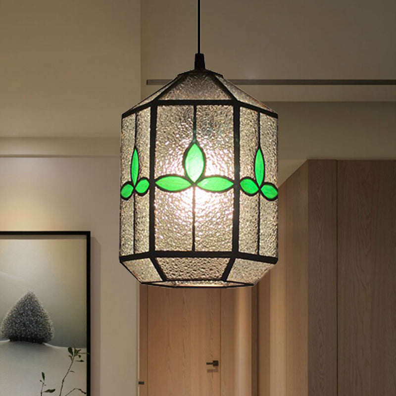 Cylinder Stainless Glass Hanging Light Tiffany Style 1 Light Red/Green Down Lighting with Rhombus/Leaf Pattern Clearhalo 'Ceiling Lights' 'Industrial' 'Middle Century Pendants' 'Pendant Lights' 'Pendants' 'Tiffany close to ceiling' 'Tiffany Pendants' 'Tiffany' Lighting' 235147