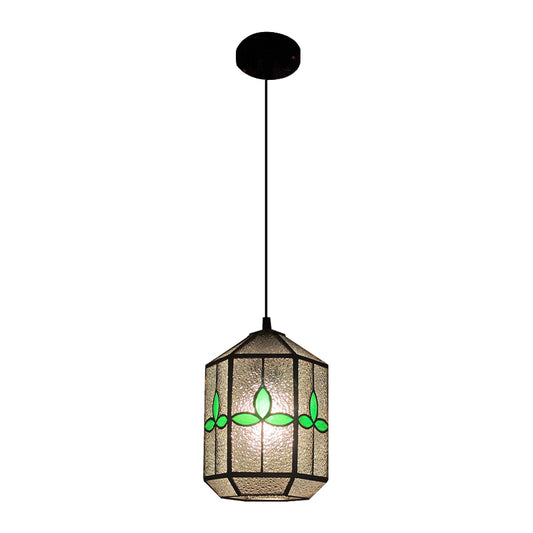 Cylinder Stainless Glass Hanging Light Tiffany Style 1 Light Red/Green Down Lighting with Rhombus/Leaf Pattern Clearhalo 'Ceiling Lights' 'Industrial' 'Middle Century Pendants' 'Pendant Lights' 'Pendants' 'Tiffany close to ceiling' 'Tiffany Pendants' 'Tiffany' Lighting' 235148