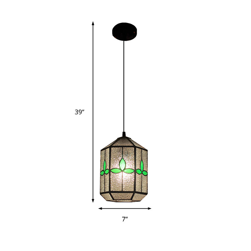 Cylinder Stainless Glass Hanging Light Tiffany Style 1 Light Red/Green Down Lighting with Rhombus/Leaf Pattern Clearhalo 'Ceiling Lights' 'Industrial' 'Middle Century Pendants' 'Pendant Lights' 'Pendants' 'Tiffany close to ceiling' 'Tiffany Pendants' 'Tiffany' Lighting' 235149