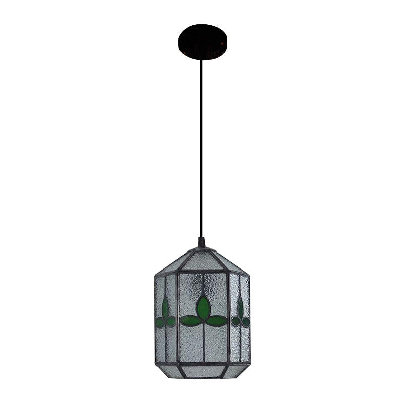 Cylinder Stainless Glass Hanging Light Tiffany Style 1 Light Red/Green Down Lighting with Rhombus/Leaf Pattern Clearhalo 'Ceiling Lights' 'Industrial' 'Middle Century Pendants' 'Pendant Lights' 'Pendants' 'Tiffany close to ceiling' 'Tiffany Pendants' 'Tiffany' Lighting' 235150