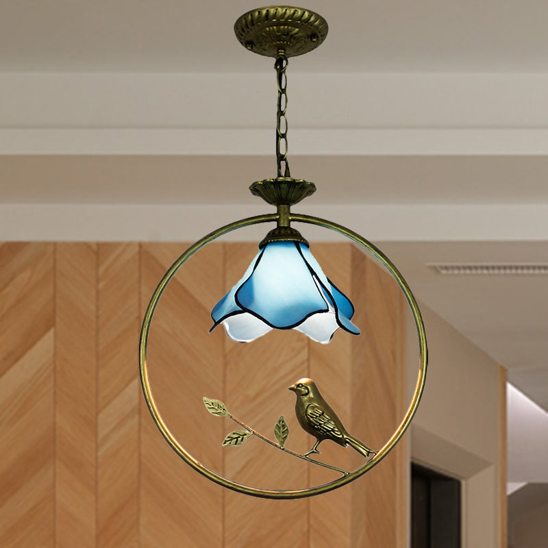 Blue Petal Hanging Light Fixture Tiffany Stylish 1 Light Handcrafted Art Glass Ceiling Lamp with Metal Ring Blue Clearhalo 'Ceiling Lights' 'Industrial' 'Middle Century Pendants' 'Pendant Lights' 'Pendants' 'Tiffany close to ceiling' 'Tiffany Pendants' 'Tiffany' Lighting' 235156