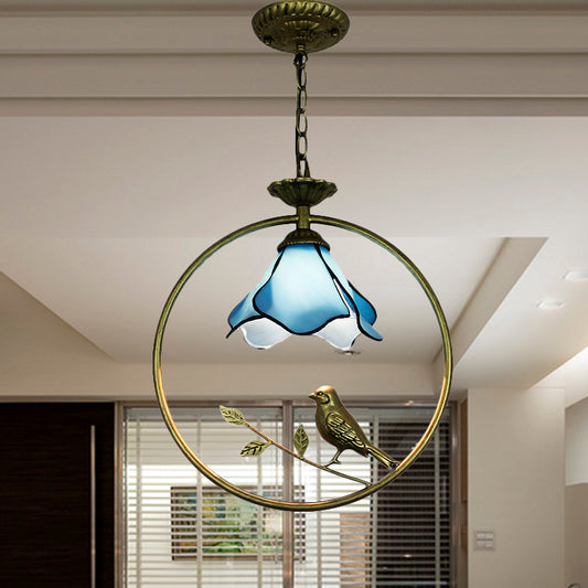 Blue Petal Hanging Light Fixture Tiffany Stylish 1 Light Handcrafted Art Glass Ceiling Lamp with Metal Ring Clearhalo 'Ceiling Lights' 'Industrial' 'Middle Century Pendants' 'Pendant Lights' 'Pendants' 'Tiffany close to ceiling' 'Tiffany Pendants' 'Tiffany' Lighting' 235157