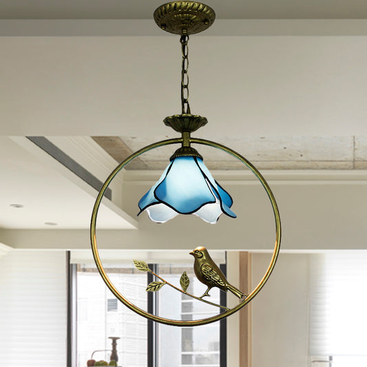 Blue Petal Hanging Light Fixture Tiffany Stylish 1 Light Handcrafted Art Glass Ceiling Lamp with Metal Ring Clearhalo 'Ceiling Lights' 'Industrial' 'Middle Century Pendants' 'Pendant Lights' 'Pendants' 'Tiffany close to ceiling' 'Tiffany Pendants' 'Tiffany' Lighting' 235158