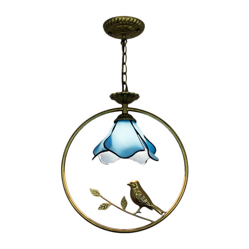 Blue Petal Hanging Light Fixture Tiffany Stylish 1 Light Handcrafted Art Glass Ceiling Lamp with Metal Ring Clearhalo 'Ceiling Lights' 'Industrial' 'Middle Century Pendants' 'Pendant Lights' 'Pendants' 'Tiffany close to ceiling' 'Tiffany Pendants' 'Tiffany' Lighting' 235159