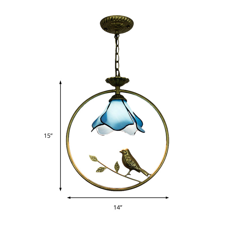 Blue Petal Hanging Light Fixture Tiffany Stylish 1 Light Handcrafted Art Glass Ceiling Lamp with Metal Ring Clearhalo 'Ceiling Lights' 'Industrial' 'Middle Century Pendants' 'Pendant Lights' 'Pendants' 'Tiffany close to ceiling' 'Tiffany Pendants' 'Tiffany' Lighting' 235160