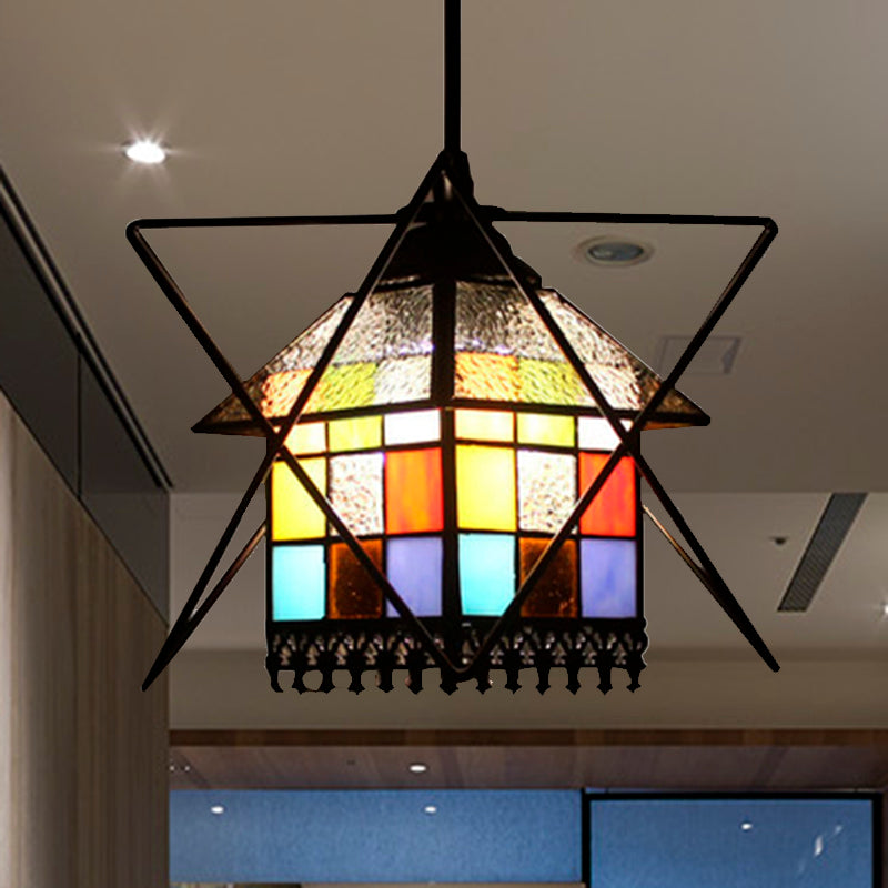 Stained Glass House Pendant Lamp with Wire Deco 1 Light Tiffany Creative Ceiling Pendant Black Clearhalo 'Ceiling Lights' 'Industrial' 'Middle Century Pendants' 'Pendant Lights' 'Pendants' 'Tiffany close to ceiling' 'Tiffany Pendants' 'Tiffany' Lighting' 235161
