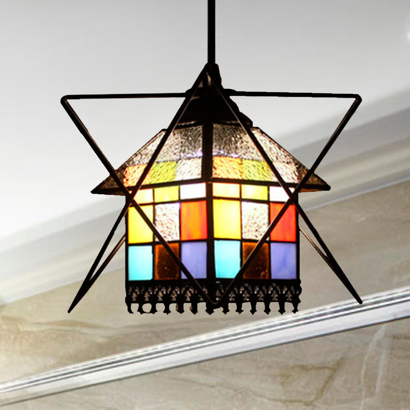 Stained Glass House Pendant Lamp with Wire Deco 1 Light Tiffany Creative Ceiling Pendant Clearhalo 'Ceiling Lights' 'Industrial' 'Middle Century Pendants' 'Pendant Lights' 'Pendants' 'Tiffany close to ceiling' 'Tiffany Pendants' 'Tiffany' Lighting' 235162