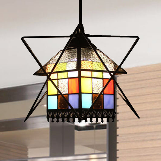 Stained Glass House Pendant Lamp with Wire Deco 1 Light Tiffany Creative Ceiling Pendant Clearhalo 'Ceiling Lights' 'Industrial' 'Middle Century Pendants' 'Pendant Lights' 'Pendants' 'Tiffany close to ceiling' 'Tiffany Pendants' 'Tiffany' Lighting' 235163