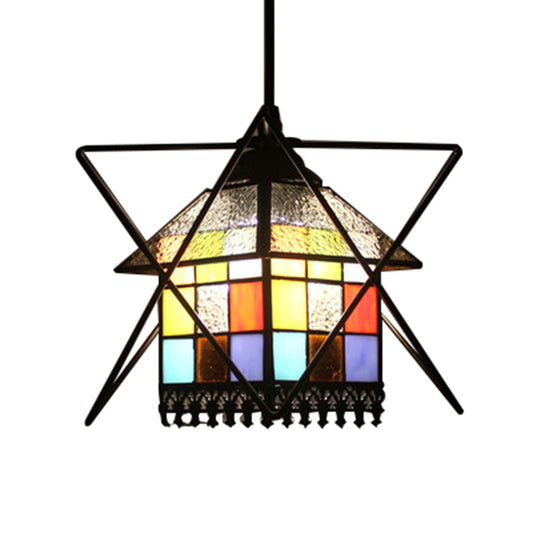 Stained Glass House Pendant Lamp with Wire Deco 1 Light Tiffany Creative Ceiling Pendant Clearhalo 'Ceiling Lights' 'Industrial' 'Middle Century Pendants' 'Pendant Lights' 'Pendants' 'Tiffany close to ceiling' 'Tiffany Pendants' 'Tiffany' Lighting' 235164