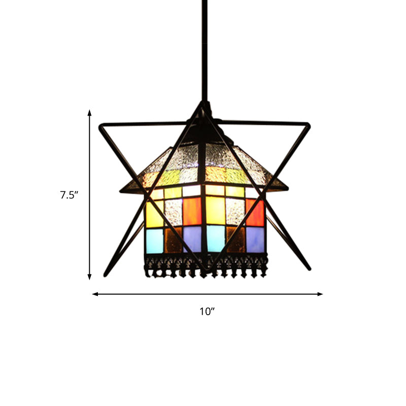 Stained Glass House Pendant Lamp with Wire Deco 1 Light Tiffany Creative Ceiling Pendant Clearhalo 'Ceiling Lights' 'Industrial' 'Middle Century Pendants' 'Pendant Lights' 'Pendants' 'Tiffany close to ceiling' 'Tiffany Pendants' 'Tiffany' Lighting' 235165
