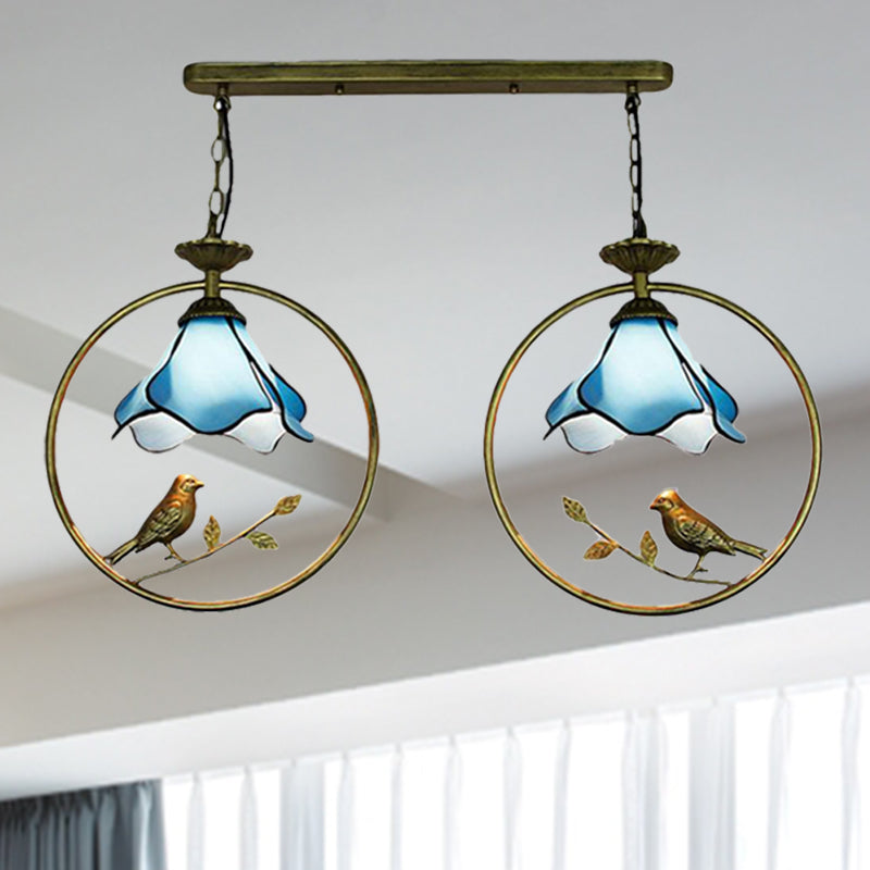 Tiffany Blossom Pendant Lamp with Little Bird 1 Head Glass Hanging Light in Blue for Kitchen Blue Clearhalo 'Ceiling Lights' 'Chandeliers' 'Industrial' 'Middle Century Pendants' 'Pendant Lights' 'Pendants' 'Tiffany close to ceiling' 'Tiffany Pendants' 'Tiffany' Lighting' 235166