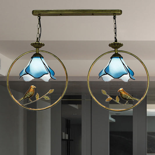 Tiffany Blossom Pendant Lamp with Little Bird 1 Head Glass Hanging Light in Blue for Kitchen Clearhalo 'Ceiling Lights' 'Chandeliers' 'Industrial' 'Middle Century Pendants' 'Pendant Lights' 'Pendants' 'Tiffany close to ceiling' 'Tiffany Pendants' 'Tiffany' Lighting' 235167