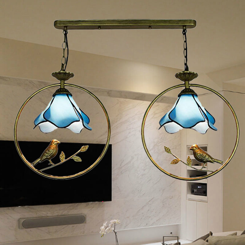 Tiffany Blossom Pendant Lamp with Little Bird 1 Head Glass Hanging Light in Blue for Kitchen Clearhalo 'Ceiling Lights' 'Chandeliers' 'Industrial' 'Middle Century Pendants' 'Pendant Lights' 'Pendants' 'Tiffany close to ceiling' 'Tiffany Pendants' 'Tiffany' Lighting' 235168