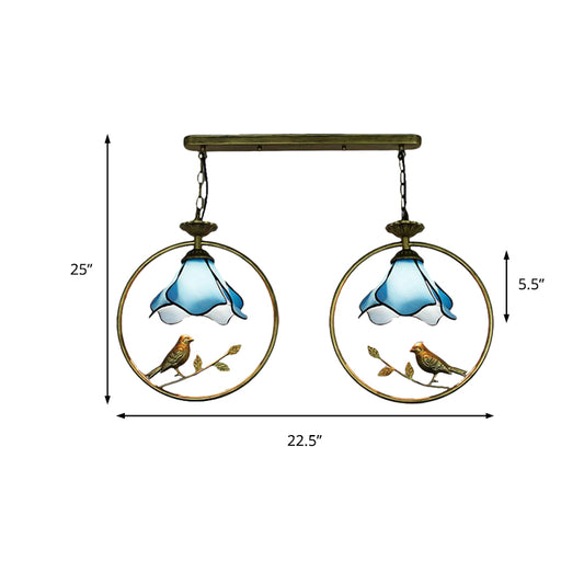 Tiffany Blossom Pendant Lamp with Little Bird 1 Head Glass Hanging Light in Blue for Kitchen Clearhalo 'Ceiling Lights' 'Chandeliers' 'Industrial' 'Middle Century Pendants' 'Pendant Lights' 'Pendants' 'Tiffany close to ceiling' 'Tiffany Pendants' 'Tiffany' Lighting' 235170