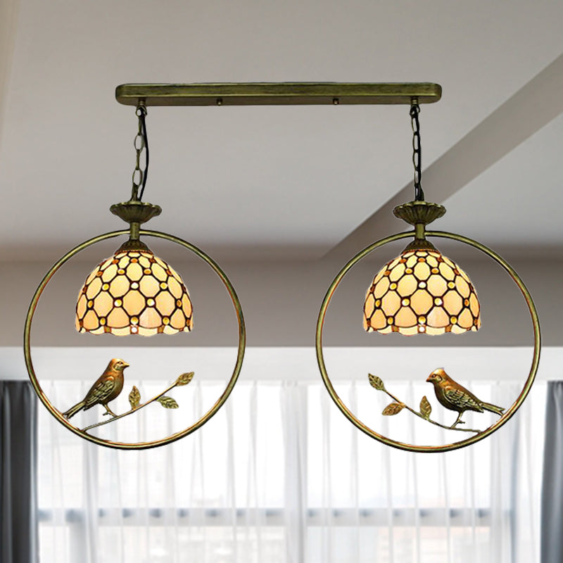 Tiffany Rustic Dome Pendant Light Glass Two Lights Ceiling Pendant with Bird for Restaurant in Beige Clearhalo 'Ceiling Lights' 'Industrial' 'Middle Century Pendants' 'Pendant Lights' 'Pendants' 'Tiffany close to ceiling' 'Tiffany Pendants' 'Tiffany' Lighting' 235173