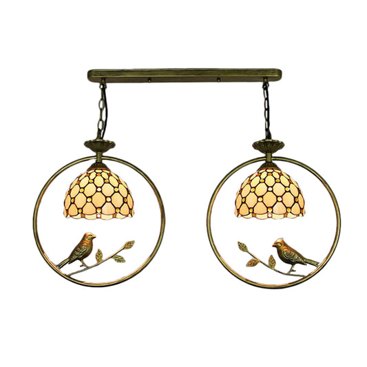 Tiffany Rustic Dome Pendant Light Glass Two Lights Ceiling Pendant with Bird for Restaurant in Beige Clearhalo 'Ceiling Lights' 'Industrial' 'Middle Century Pendants' 'Pendant Lights' 'Pendants' 'Tiffany close to ceiling' 'Tiffany Pendants' 'Tiffany' Lighting' 235174