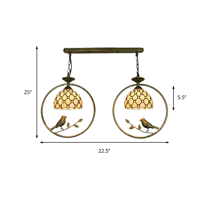 Tiffany Rustic Dome Pendant Light Glass Two Lights Ceiling Pendant with Bird for Restaurant in Beige Clearhalo 'Ceiling Lights' 'Industrial' 'Middle Century Pendants' 'Pendant Lights' 'Pendants' 'Tiffany close to ceiling' 'Tiffany Pendants' 'Tiffany' Lighting' 235175