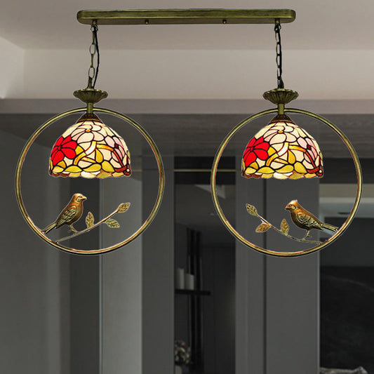 Rustic Multi-Colored Hanging Light with Little Bird Blossom 2 Lights Tiffany Glass Pendant Light for Hotel Antique Bronze Clearhalo 'Ceiling Lights' 'Industrial' 'Middle Century Pendants' 'Pendant Lights' 'Pendants' 'Tiffany close to ceiling' 'Tiffany Pendants' 'Tiffany' Lighting' 235176