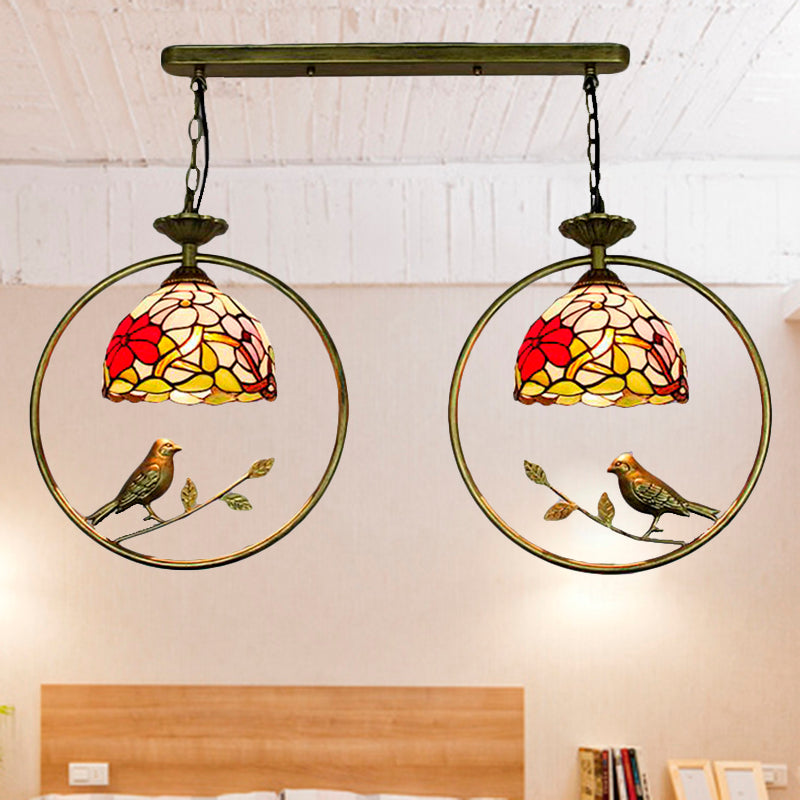 Rustic Multi-Colored Hanging Light with Little Bird Blossom 2 Lights Tiffany Glass Pendant Light for Hotel Clearhalo 'Ceiling Lights' 'Industrial' 'Middle Century Pendants' 'Pendant Lights' 'Pendants' 'Tiffany close to ceiling' 'Tiffany Pendants' 'Tiffany' Lighting' 235177