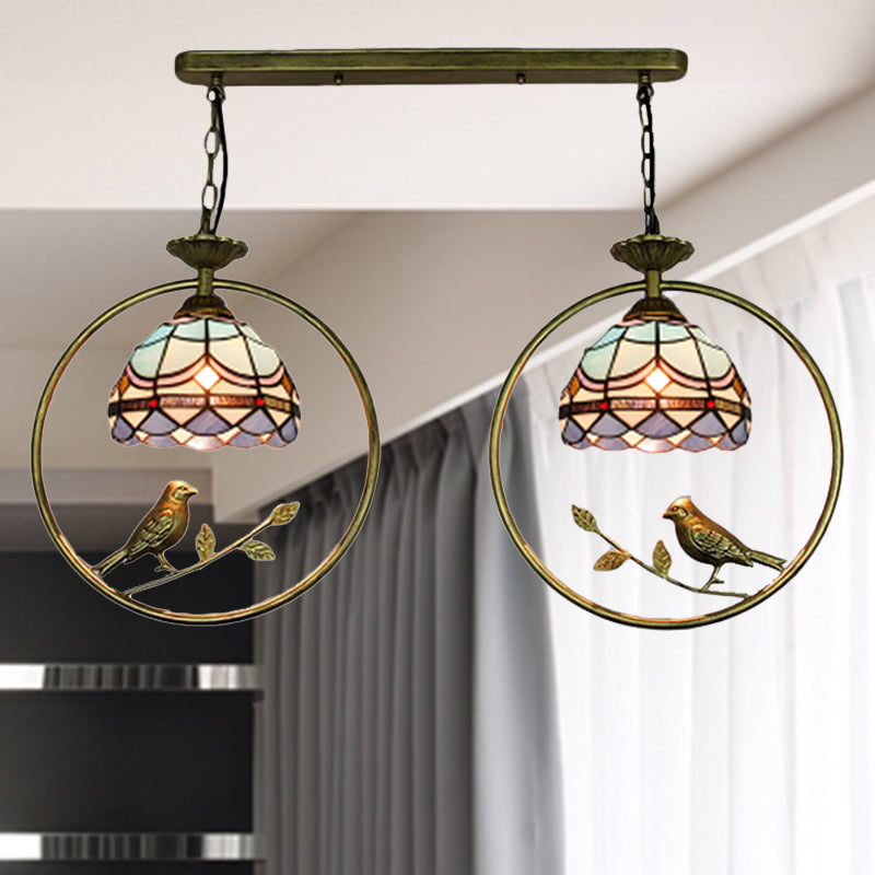 Victorian Designed Suspension Light with Little Bird 2 Bulbs Tiffany Stained Glass Hanging Light for Bookstore Beige Clearhalo 'Ceiling Lights' 'Industrial' 'Middle Century Pendants' 'Pendant Lights' 'Pendants' 'Tiffany close to ceiling' 'Tiffany Pendants' 'Tiffany' Lighting' 235181
