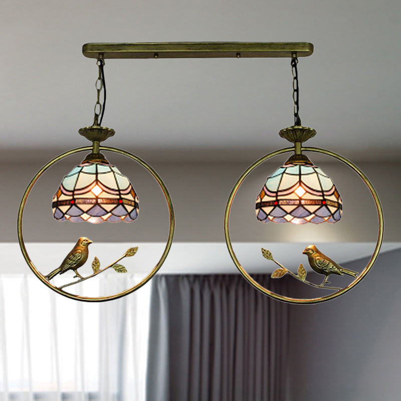 Victorian Designed Suspension Light with Little Bird 2 Bulbs Tiffany Stained Glass Hanging Light for Bookstore Clearhalo 'Ceiling Lights' 'Industrial' 'Middle Century Pendants' 'Pendant Lights' 'Pendants' 'Tiffany close to ceiling' 'Tiffany Pendants' 'Tiffany' Lighting' 235182