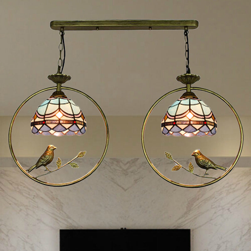 Victorian Designed Suspension Light with Little Bird 2 Bulbs Tiffany Stained Glass Hanging Light for Bookstore Clearhalo 'Ceiling Lights' 'Industrial' 'Middle Century Pendants' 'Pendant Lights' 'Pendants' 'Tiffany close to ceiling' 'Tiffany Pendants' 'Tiffany' Lighting' 235183
