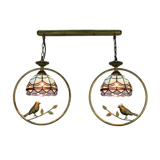Victorian Designed Suspension Light with Little Bird 2 Bulbs Tiffany Stained Glass Hanging Light for Bookstore Clearhalo 'Ceiling Lights' 'Industrial' 'Middle Century Pendants' 'Pendant Lights' 'Pendants' 'Tiffany close to ceiling' 'Tiffany Pendants' 'Tiffany' Lighting' 235184