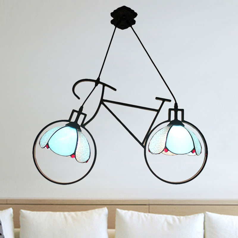 Metal Bicycle Pendant Light with Bowl Shade Child Bedroom 2 Lights Creative Hanging Light in Blue Clearhalo 'Ceiling Lights' 'Industrial' 'Middle Century Pendants' 'Pendant Lights' 'Pendants' 'Tiffany close to ceiling' 'Tiffany Pendants' 'Tiffany' Lighting' 235203