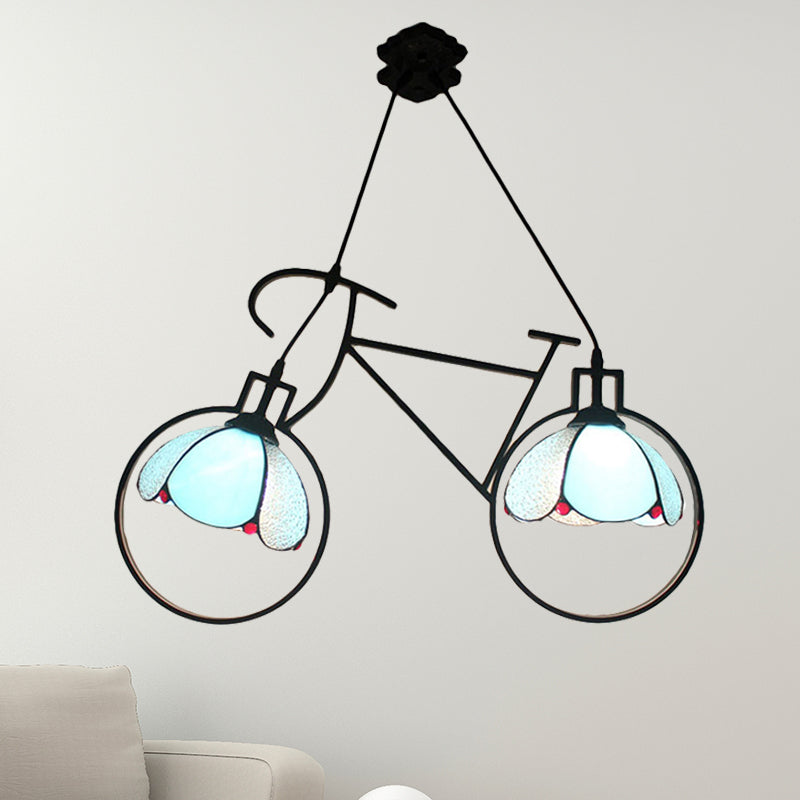 Metal Bicycle Pendant Light with Bowl Shade Child Bedroom 2 Lights Creative Hanging Light in Blue Clearhalo 'Ceiling Lights' 'Industrial' 'Middle Century Pendants' 'Pendant Lights' 'Pendants' 'Tiffany close to ceiling' 'Tiffany Pendants' 'Tiffany' Lighting' 235204