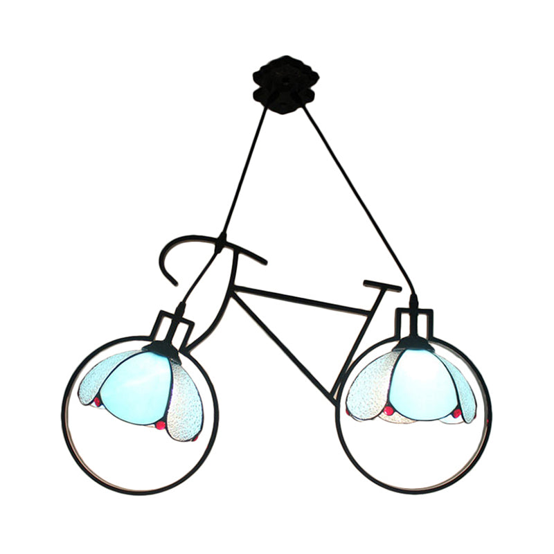 Metal Bicycle Pendant Light with Bowl Shade Child Bedroom 2 Lights Creative Hanging Light in Blue Clearhalo 'Ceiling Lights' 'Industrial' 'Middle Century Pendants' 'Pendant Lights' 'Pendants' 'Tiffany close to ceiling' 'Tiffany Pendants' 'Tiffany' Lighting' 235205