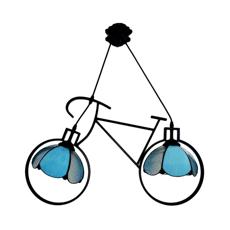 Metal Bicycle Pendant Light with Bowl Shade Child Bedroom 2 Lights Creative Hanging Light in Blue Clearhalo 'Ceiling Lights' 'Industrial' 'Middle Century Pendants' 'Pendant Lights' 'Pendants' 'Tiffany close to ceiling' 'Tiffany Pendants' 'Tiffany' Lighting' 235207